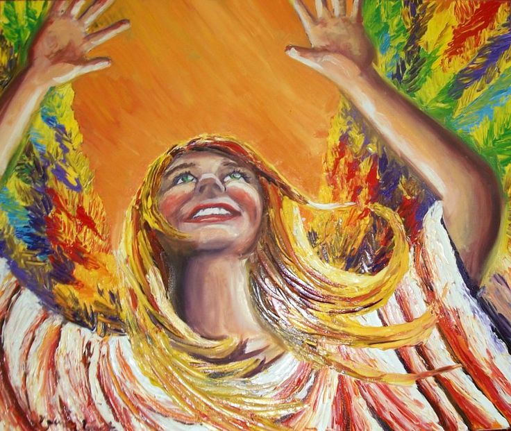 Joyful Praise oil angel painting art colorful woman in white dress by Laura Walker